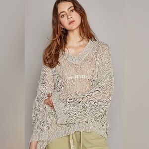 Ribbed Hem V-Neck Wide Sleeve Crochet Sweater - POL
